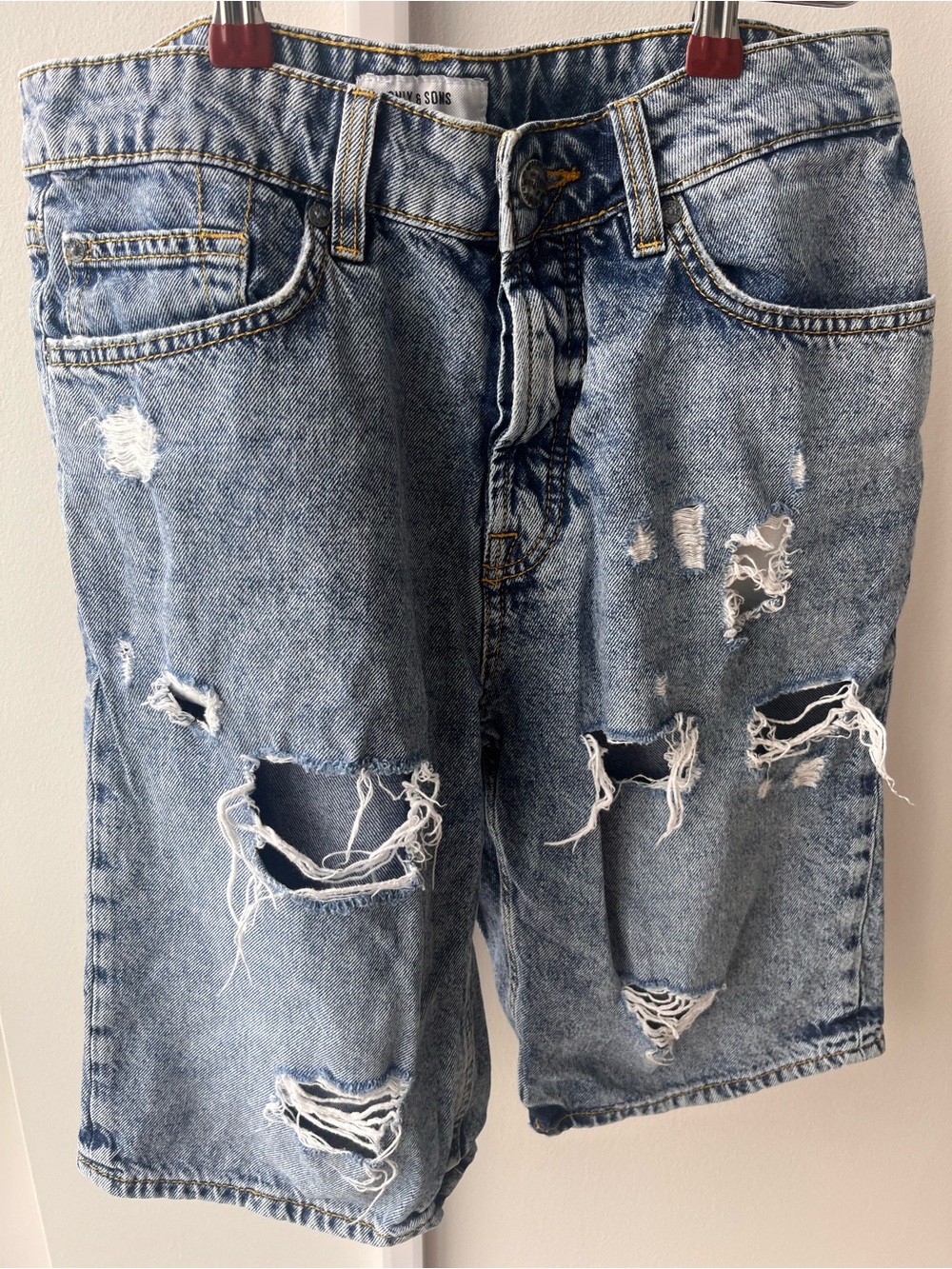 ONLY & SONS Light Blue Washed Denim Shorts with Yellow Stitching